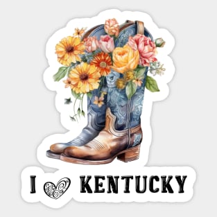 I Love Kentucky Boho Cowboy Boots with Flowers Watercolor Art Sticker